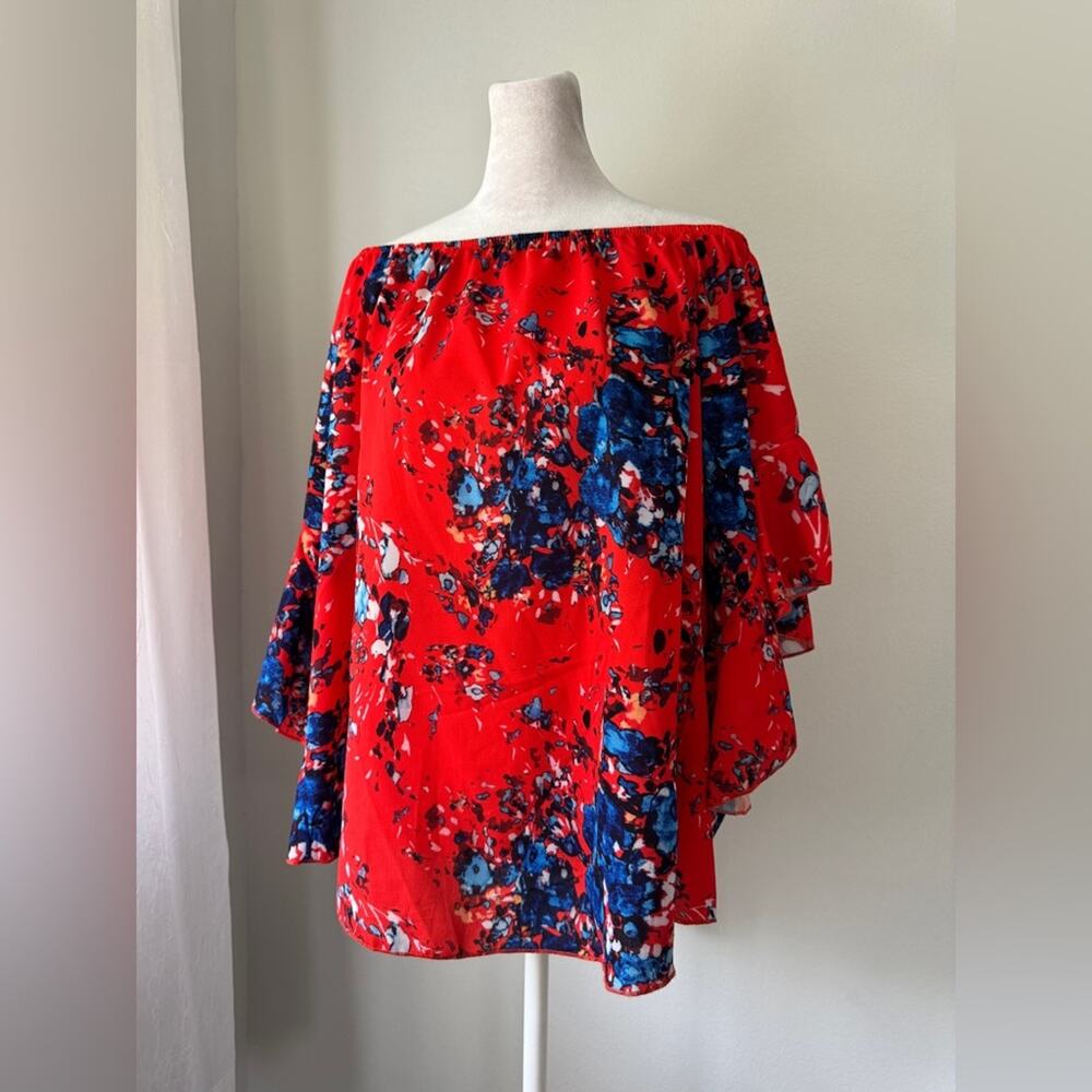 Retro Red & Blue Off the Shoulder Relaxed Fit Blouse